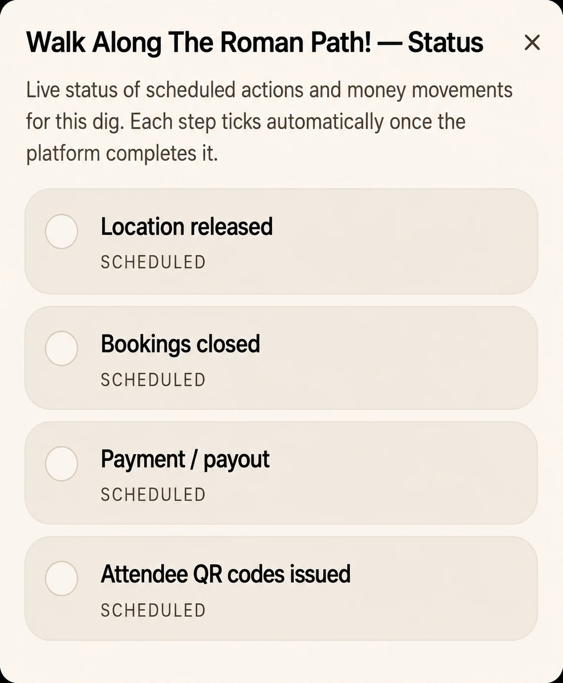Automatic dig workflow status without scheduled clock times