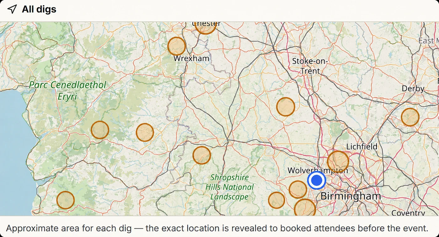 Buried Beneath map showing approximate nearby dig areas